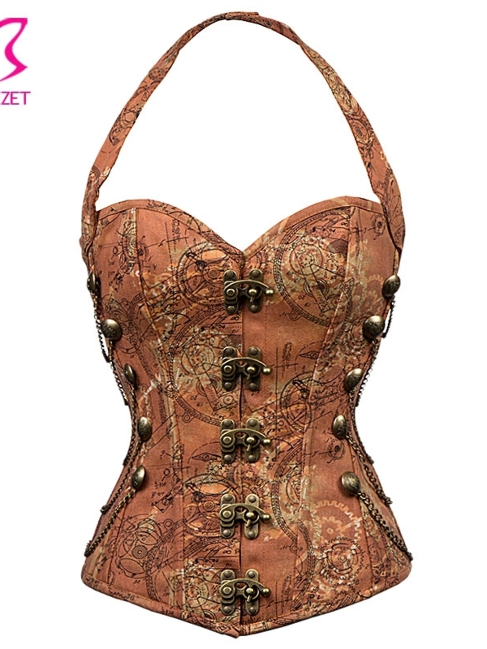 Authentic Rust Brown Steel Boned Overbust Corset Stampunk Halter